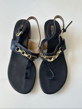 MICHAEL Michael Kors Black Leather Thong Sandals with Gold Chain Detail